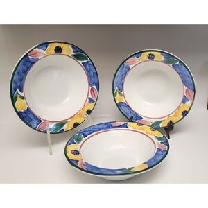 Pier 1 Hand Painted Serving Bowl Floral Multi-color Blue Yellow Italy 11” VTG